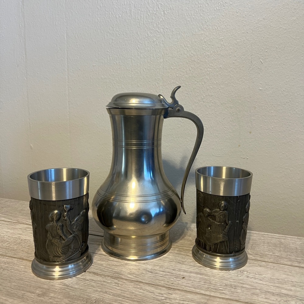 Vintage Royal Holland Pewter Pitcher and SKS Rein Zinn Tavern Scene Cups Set 3pc
